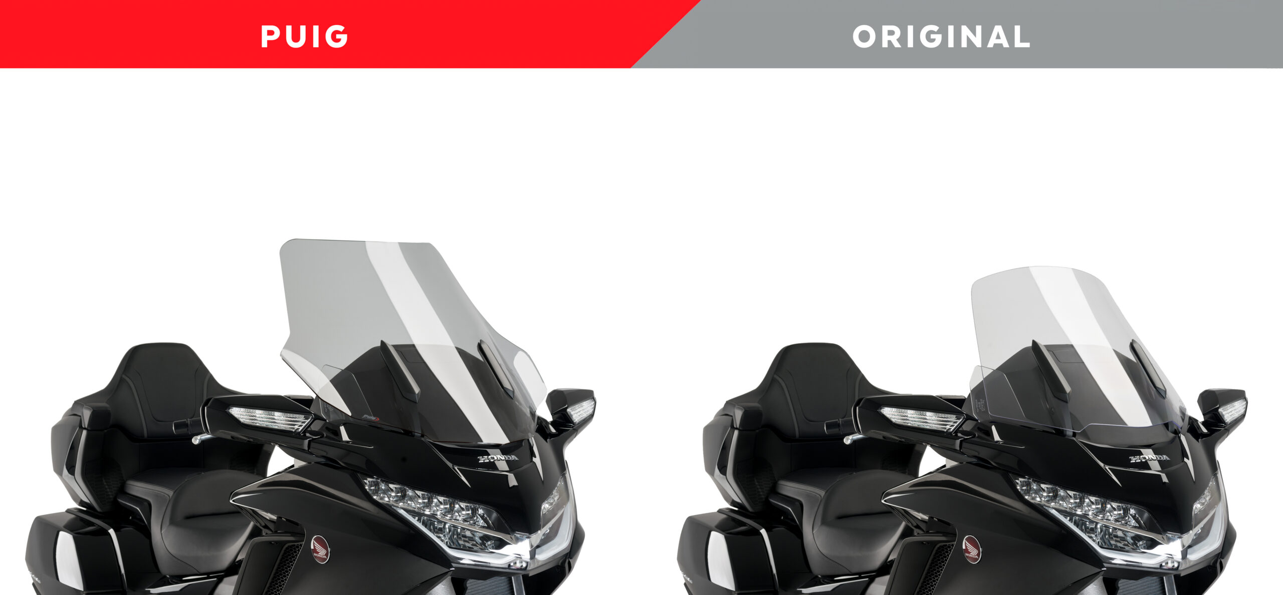 Cúpula Puig Touring para Honda GL 1800 Goldwing 3 Imagen del comparativo entre la cúpula Puig con la de origen apra la honda Gl 1800 Goldwing